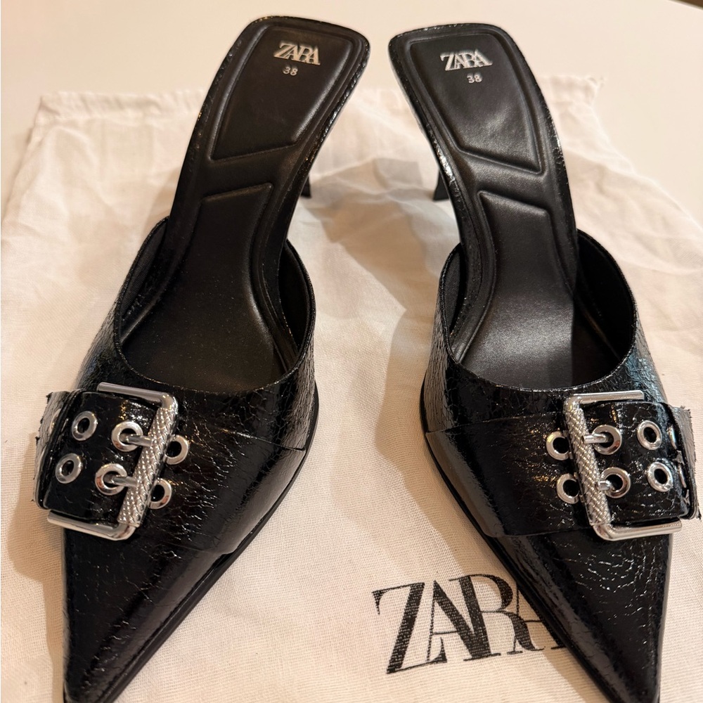 Zara Black Patent Mules with Silver Buckle